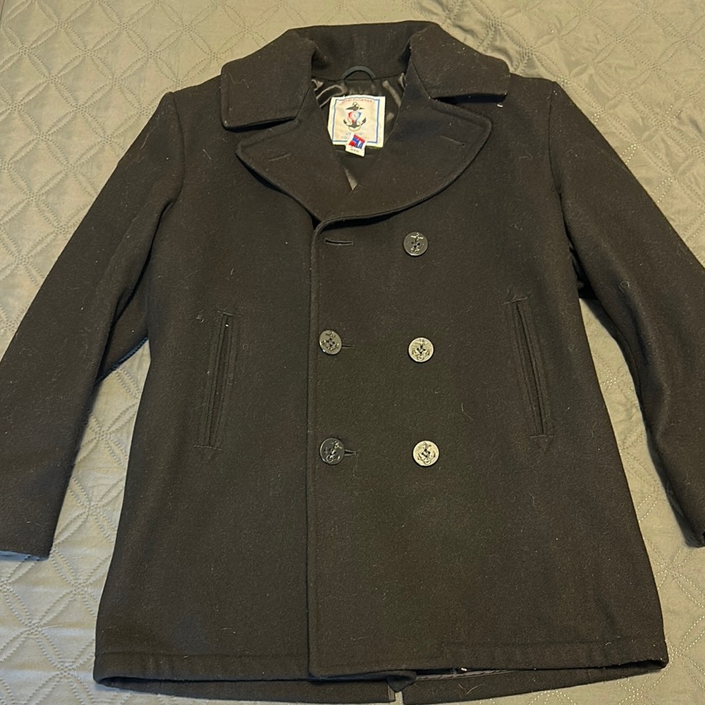Black Wool Peacoat with Notched Lapel and Double-Breasted Design